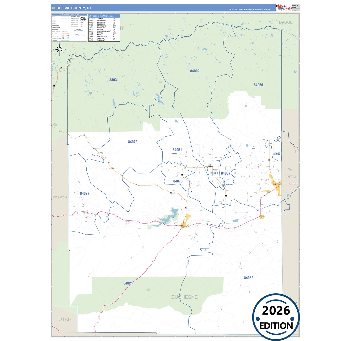 Duchesne County, UT Business Reference 5 Digit ZIP Code Wall Map