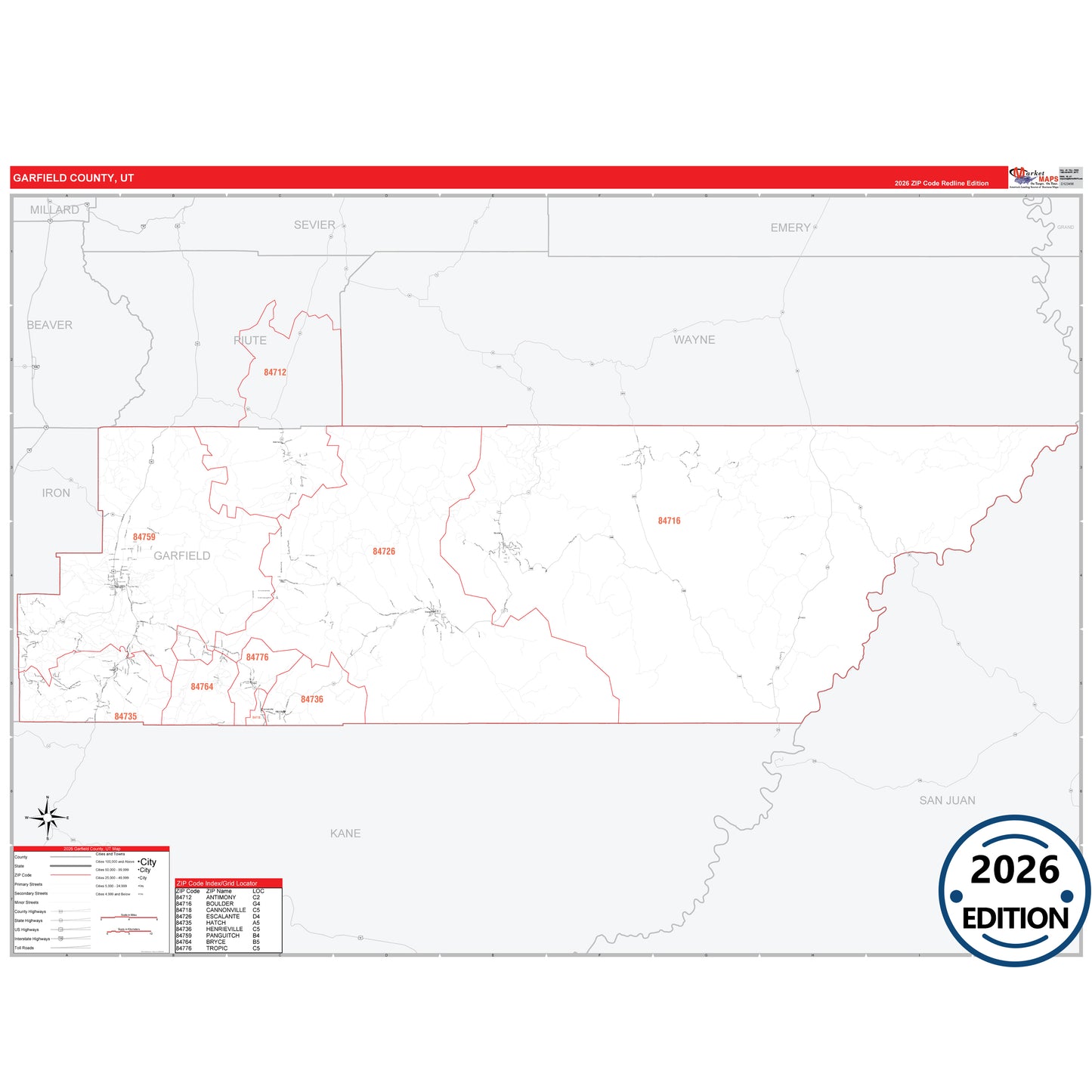 Garfield County, UT Red Line 5 Digit ZIP Code Wall Map