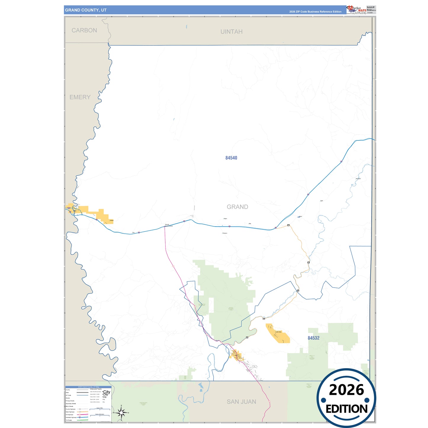 Grand County, UT Business Reference 5 Digit ZIP Code Wall Map