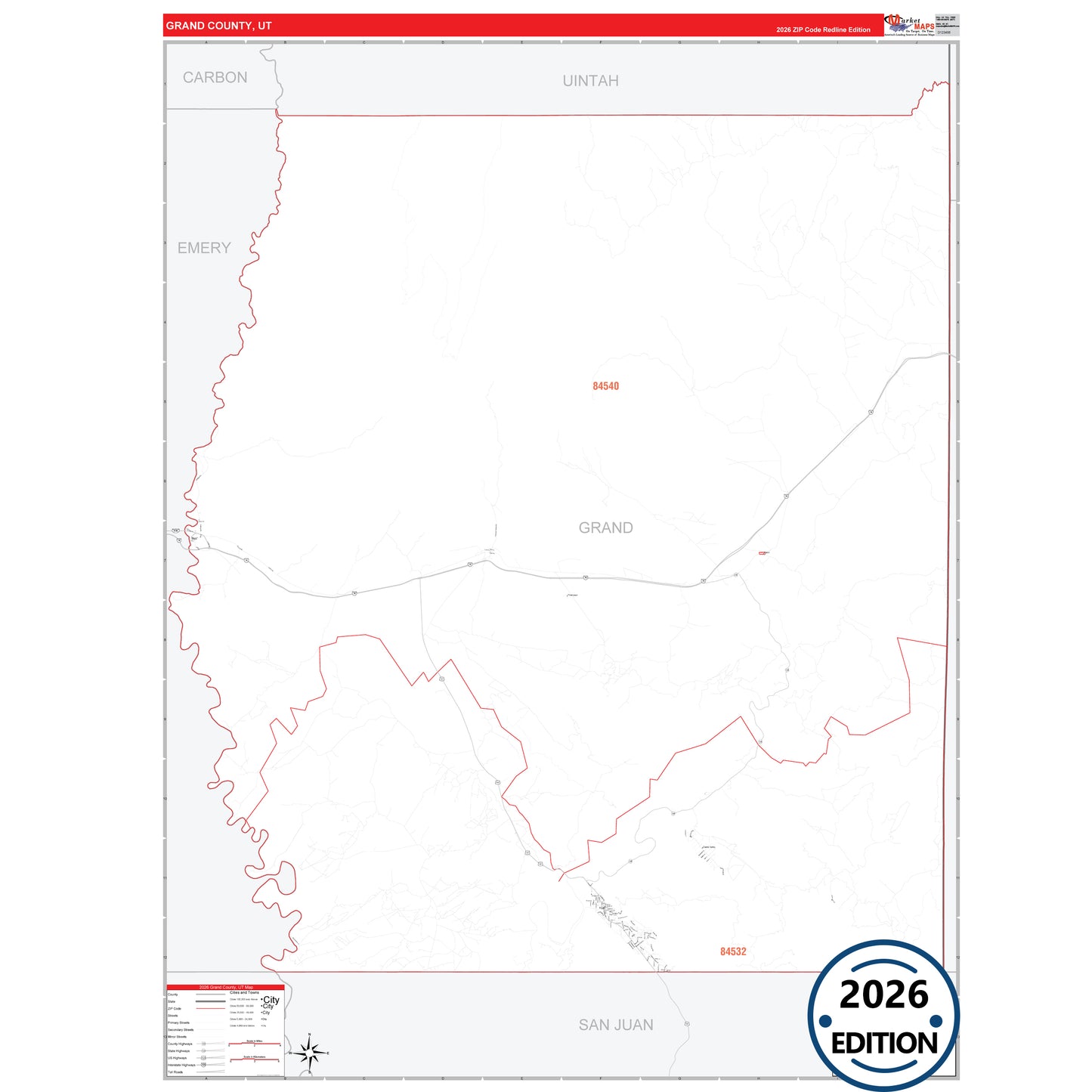 Grand County, UT Red Line 5 Digit ZIP Code Wall Map