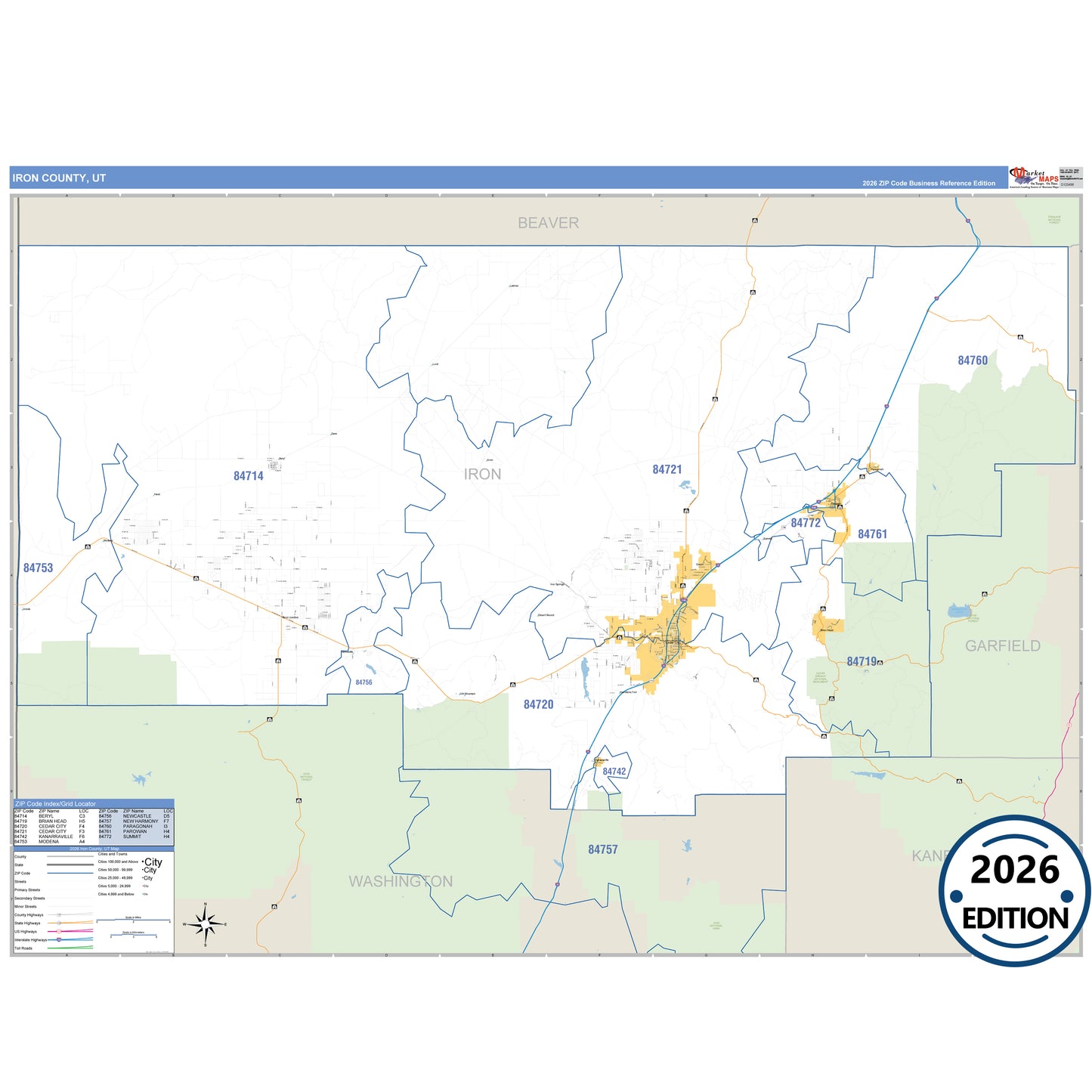 Iron County, UT Business Reference 5 Digit ZIP Code Wall Map