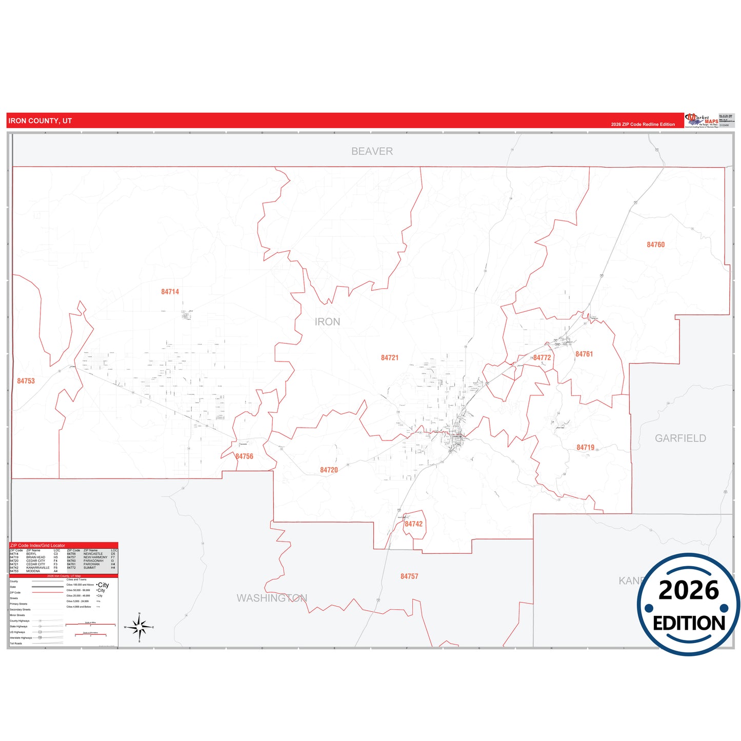 Iron County, UT Red Line 5 Digit ZIP Code Wall Map