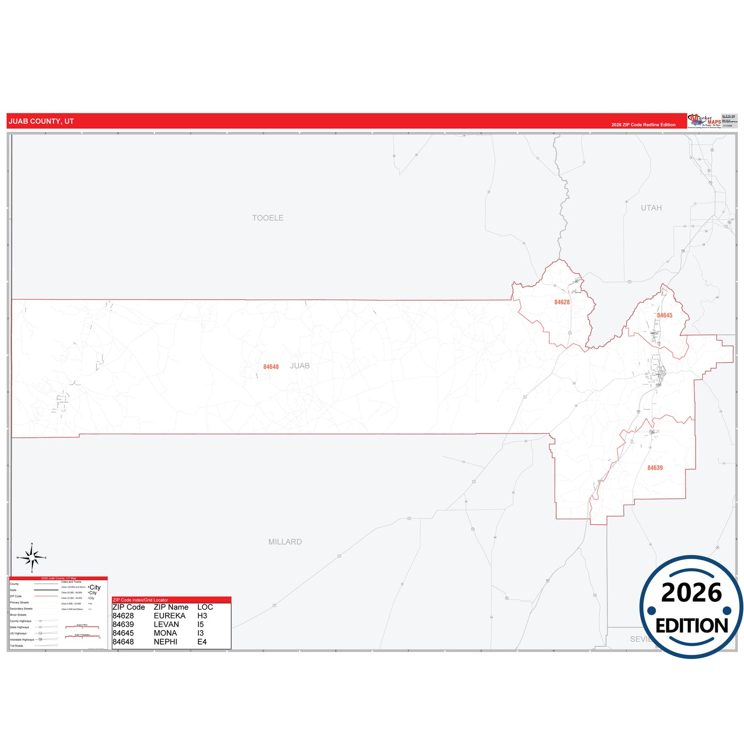 Juab County, UT Red Line 5 Digit ZIP Code Wall Map