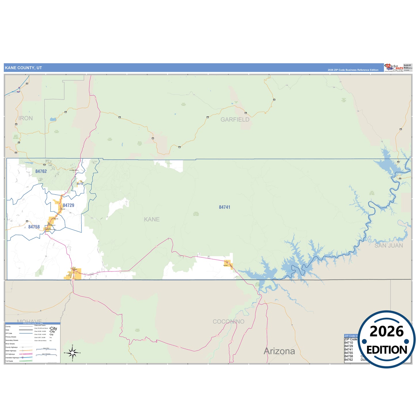 Kane County, UT Business Reference 5 Digit ZIP Code Wall Map