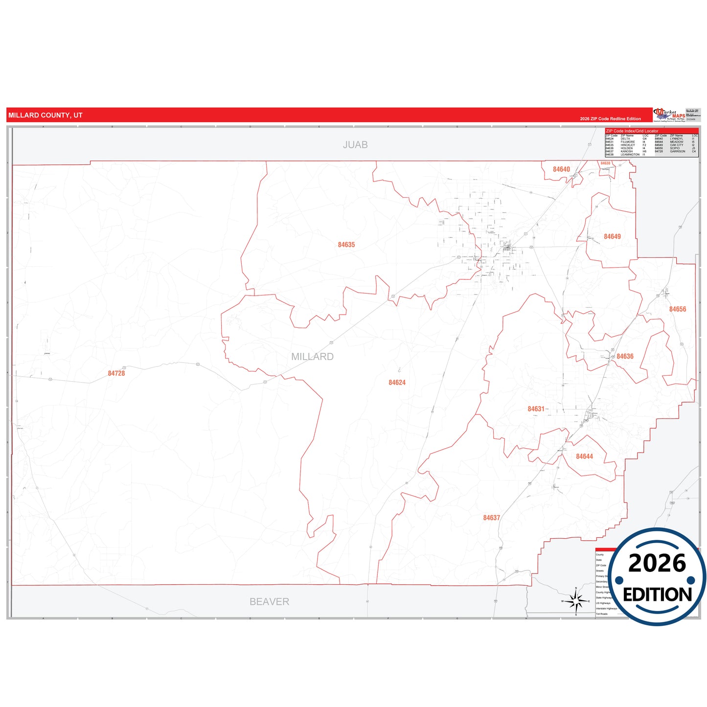 Millard County, UT Red Line 5 Digit ZIP Code Wall Map