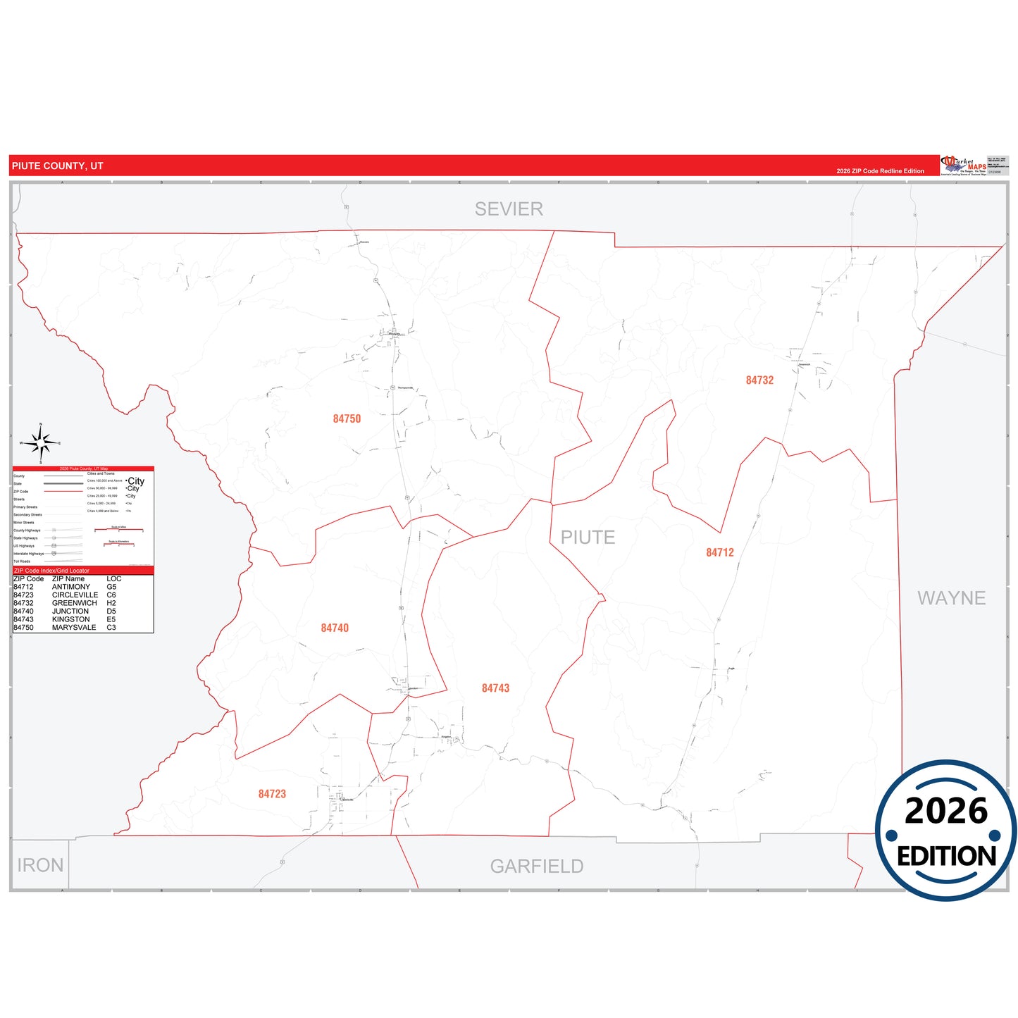Piute County, UT Red Line 5 Digit ZIP Code Wall Map