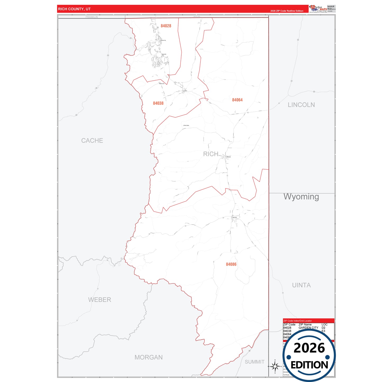 Rich County, UT Red Line 5 Digit ZIP Code Wall Map