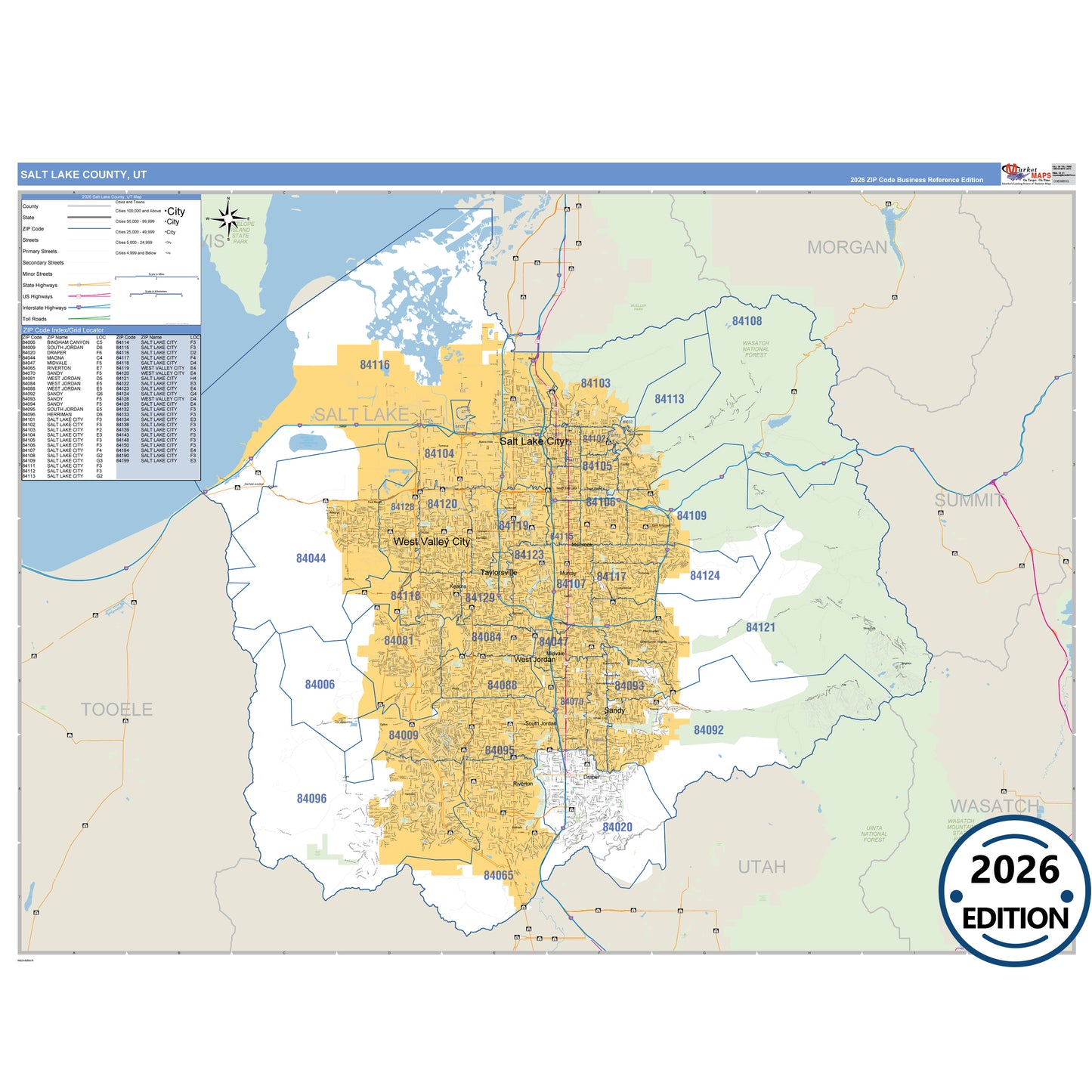Salt Lake County, UT Business Reference 5 Digit ZIP Code Wall Map