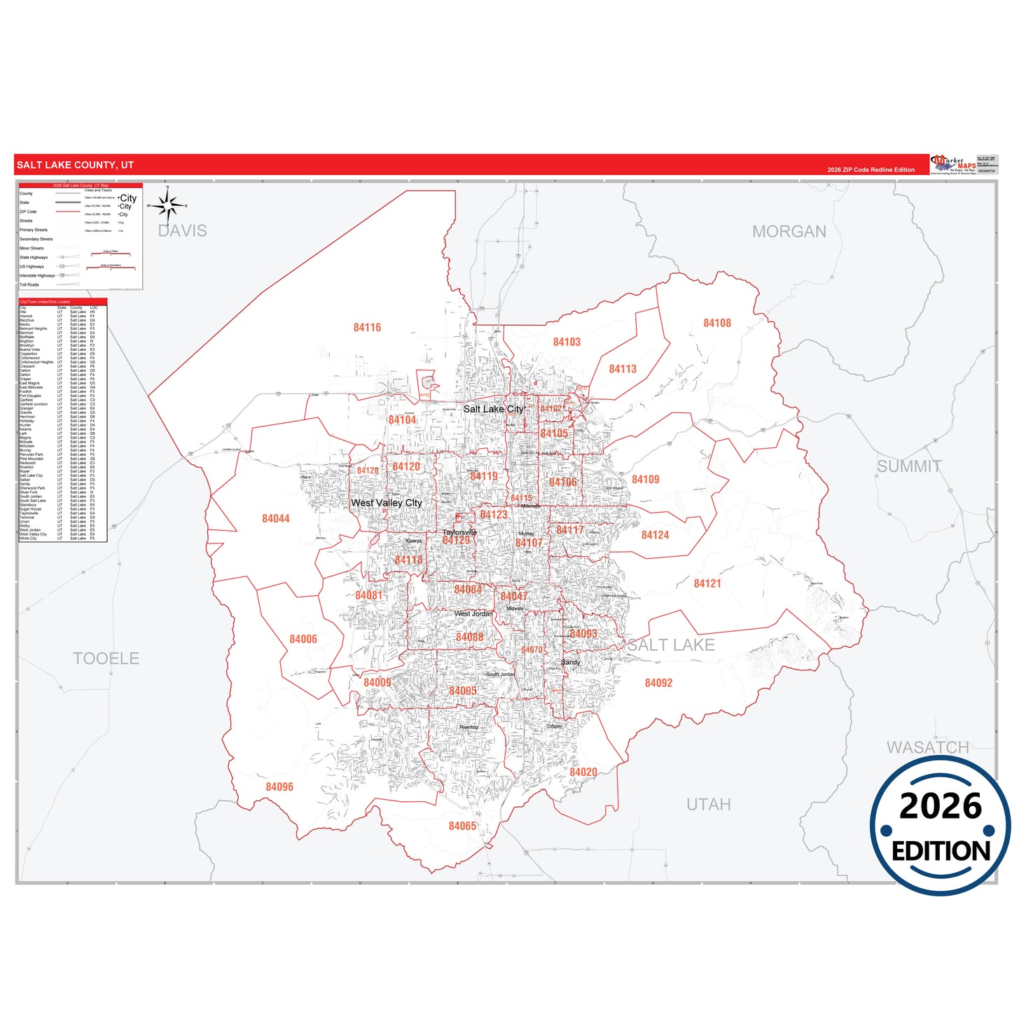 Salt Lake County, UT Red Line 5 Digit ZIP Code Wall Map