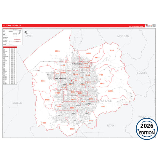Salt Lake County, UT Red Line 5 Digit ZIP Code Wall Map