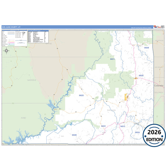 San Juan County, UT Business Reference 5 Digit ZIP Code Wall Map
