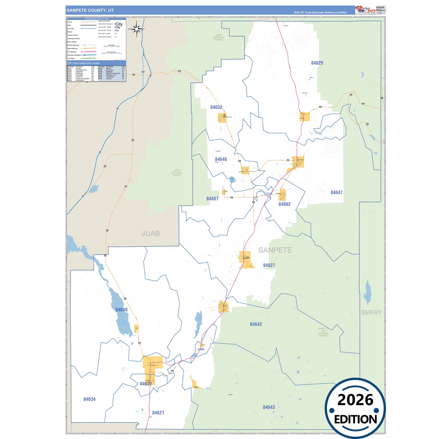 Sanpete County, UT Business Reference 5 Digit ZIP Code Wall Map