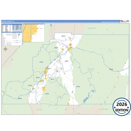 Sevier County, UT Business Reference 5 Digit ZIP Code Wall Map