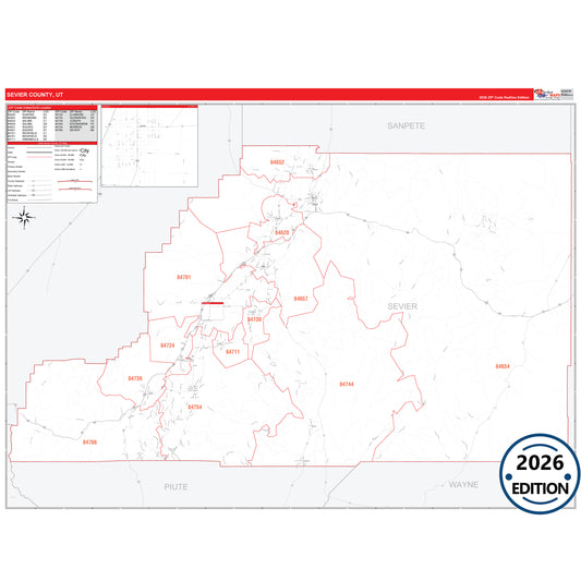 Sevier County, UT Red Line 5 Digit ZIP Code Wall Map