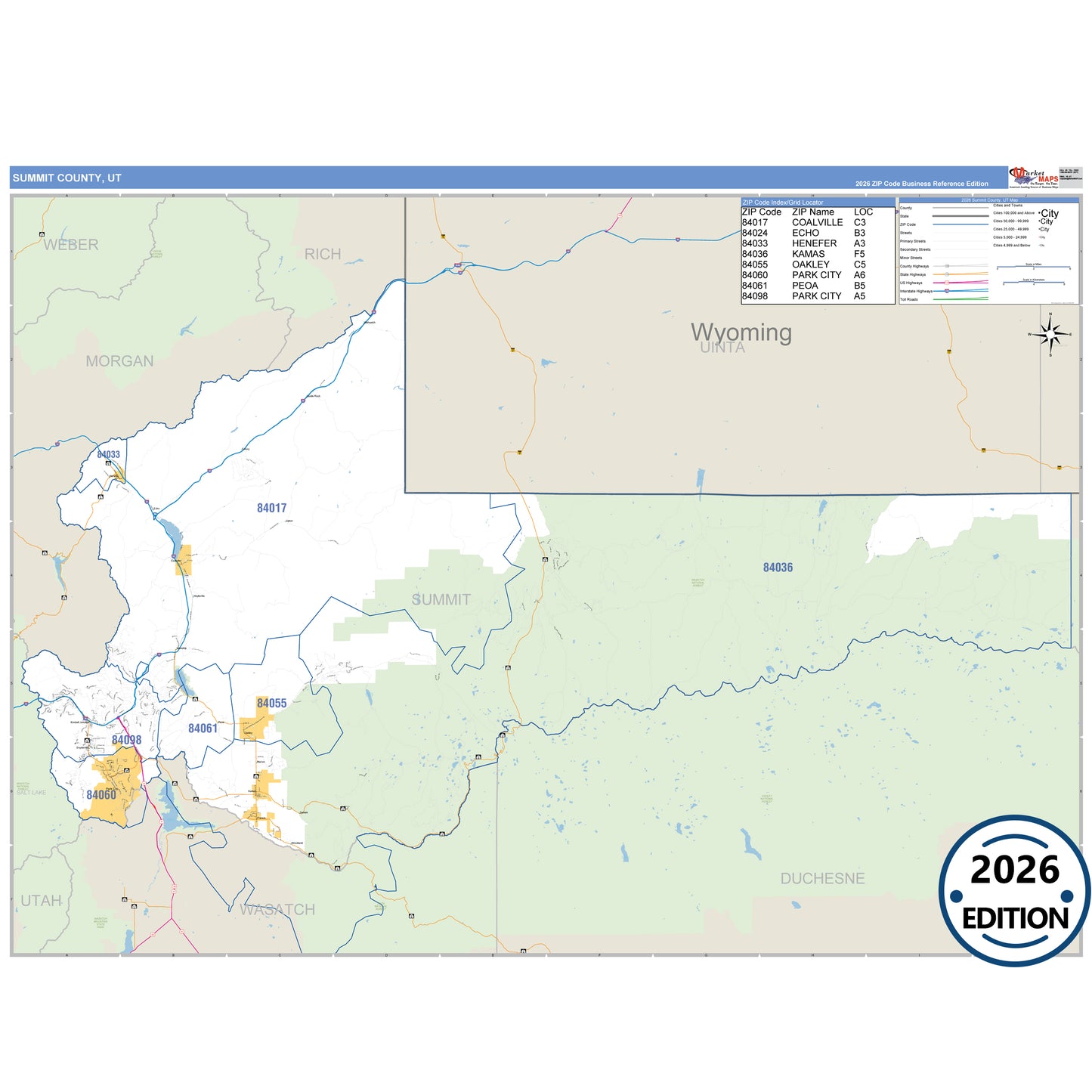Summit County, UT Business Reference 5 Digit ZIP Code Wall Map