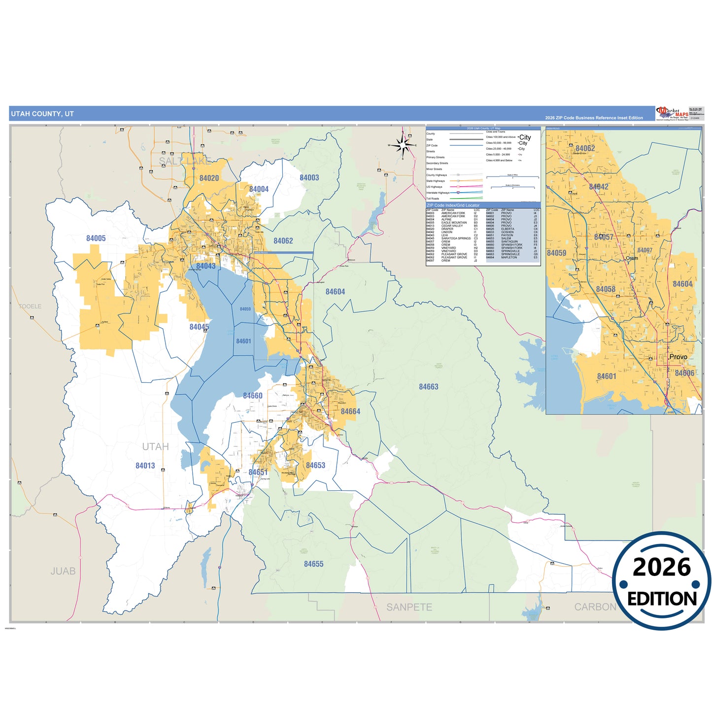 Utah County, UT Business Reference 5 Digit ZIP Code Wall Map