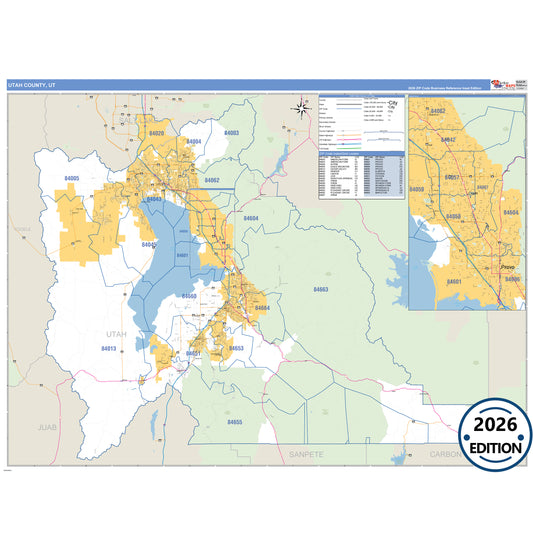 Utah County, UT Business Reference 5 Digit ZIP Code Wall Map