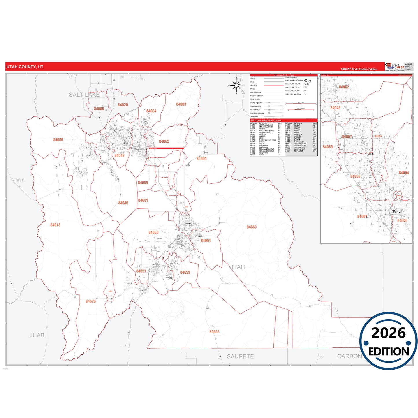 Utah County, UT Red Line 5 Digit ZIP Code Wall Map