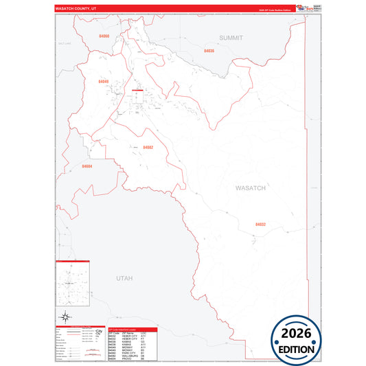 Wasatch County, UT Red Line 5 Digit ZIP Code Wall Map