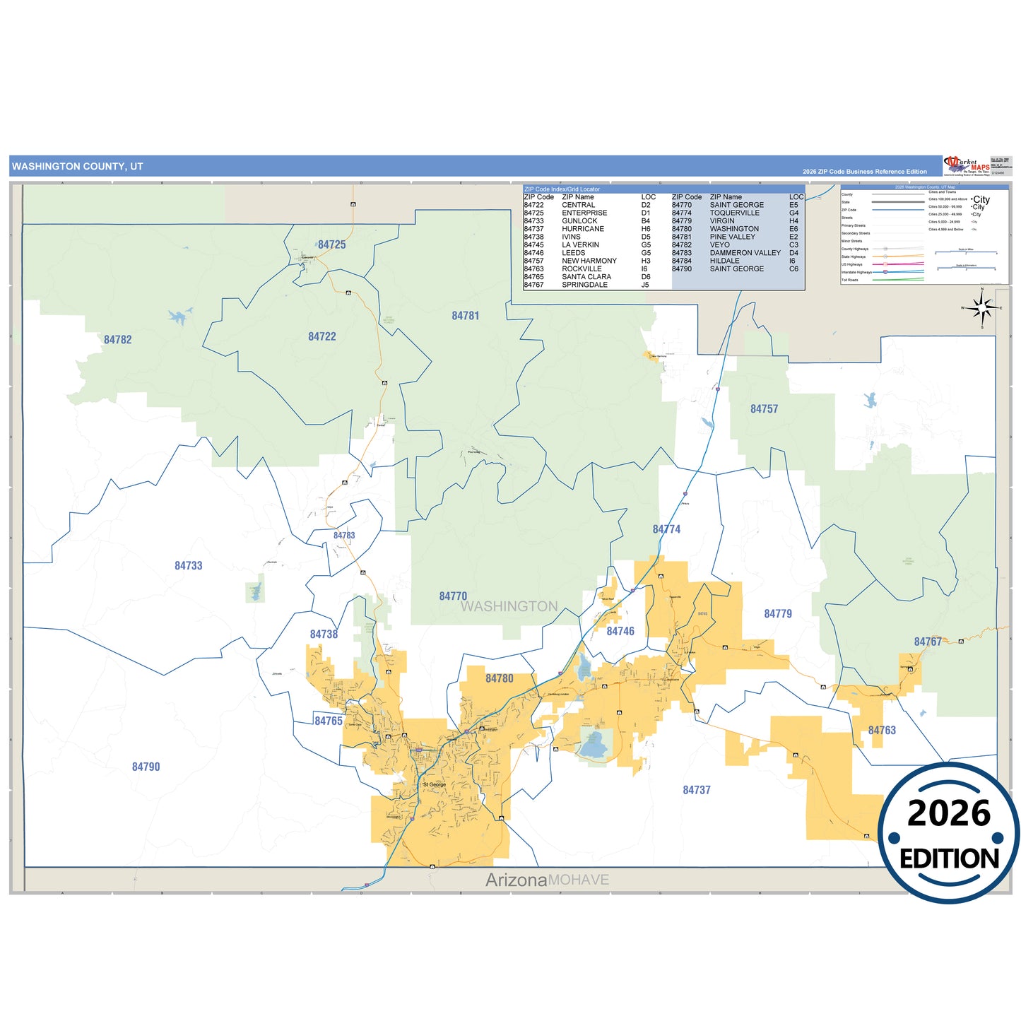 Washington County, UT Business Reference 5 Digit ZIP Code Wall Map