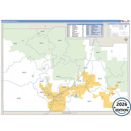 Washington County, UT Business Reference 5 Digit ZIP Code Wall Map