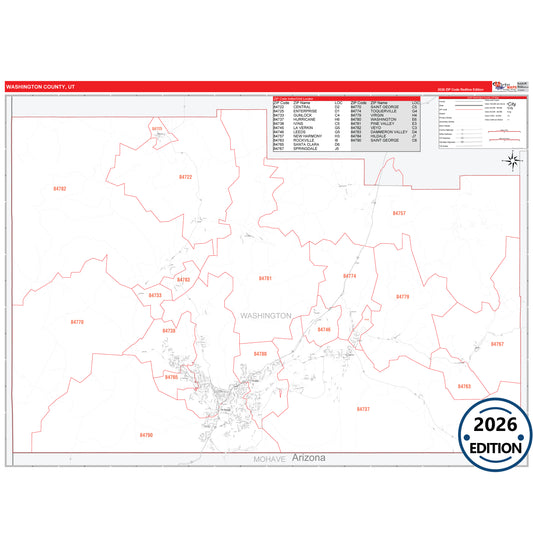 Washington County, UT Red Line 5 Digit ZIP Code Wall Map