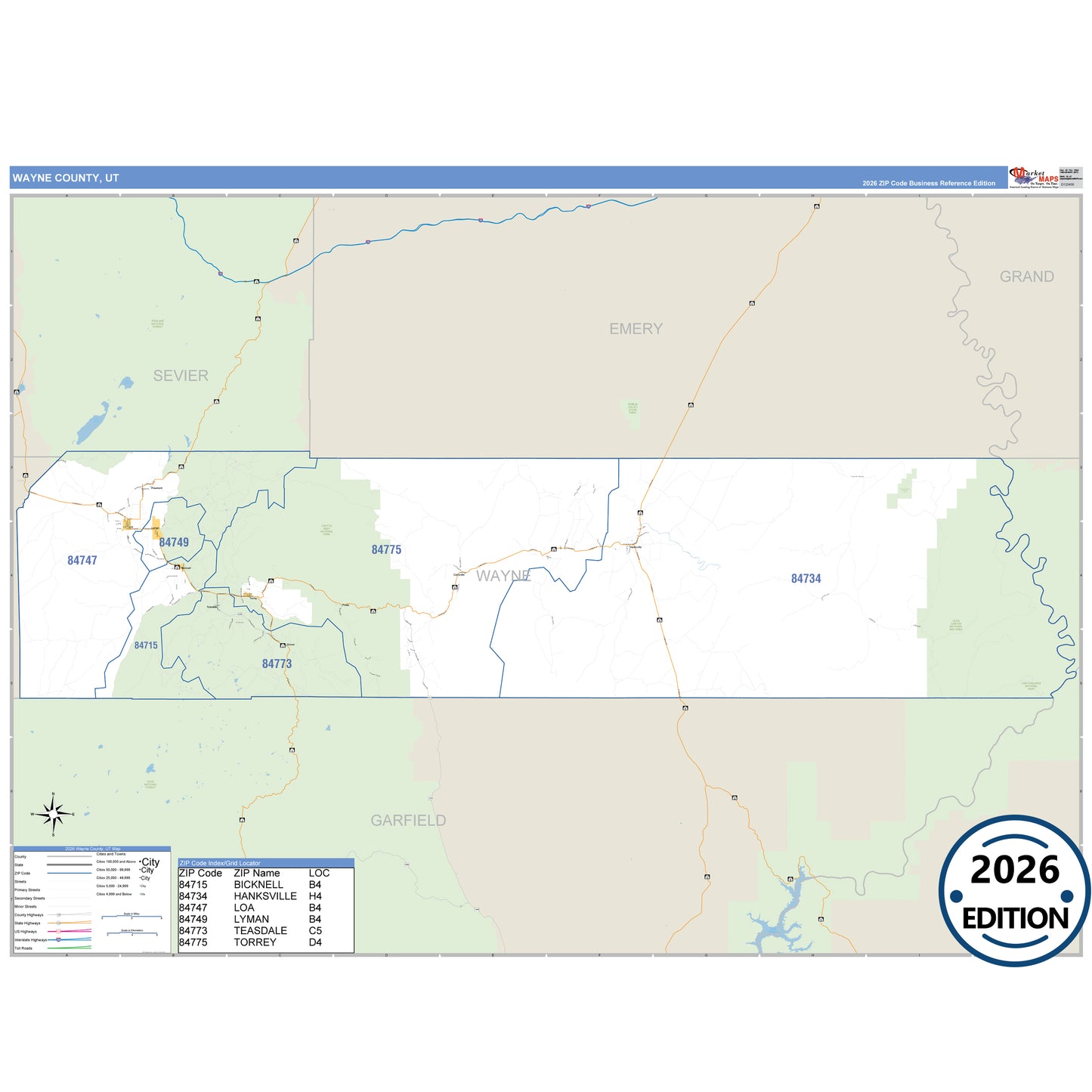 Wayne County, UT Business Reference 5 Digit ZIP Code Wall Map