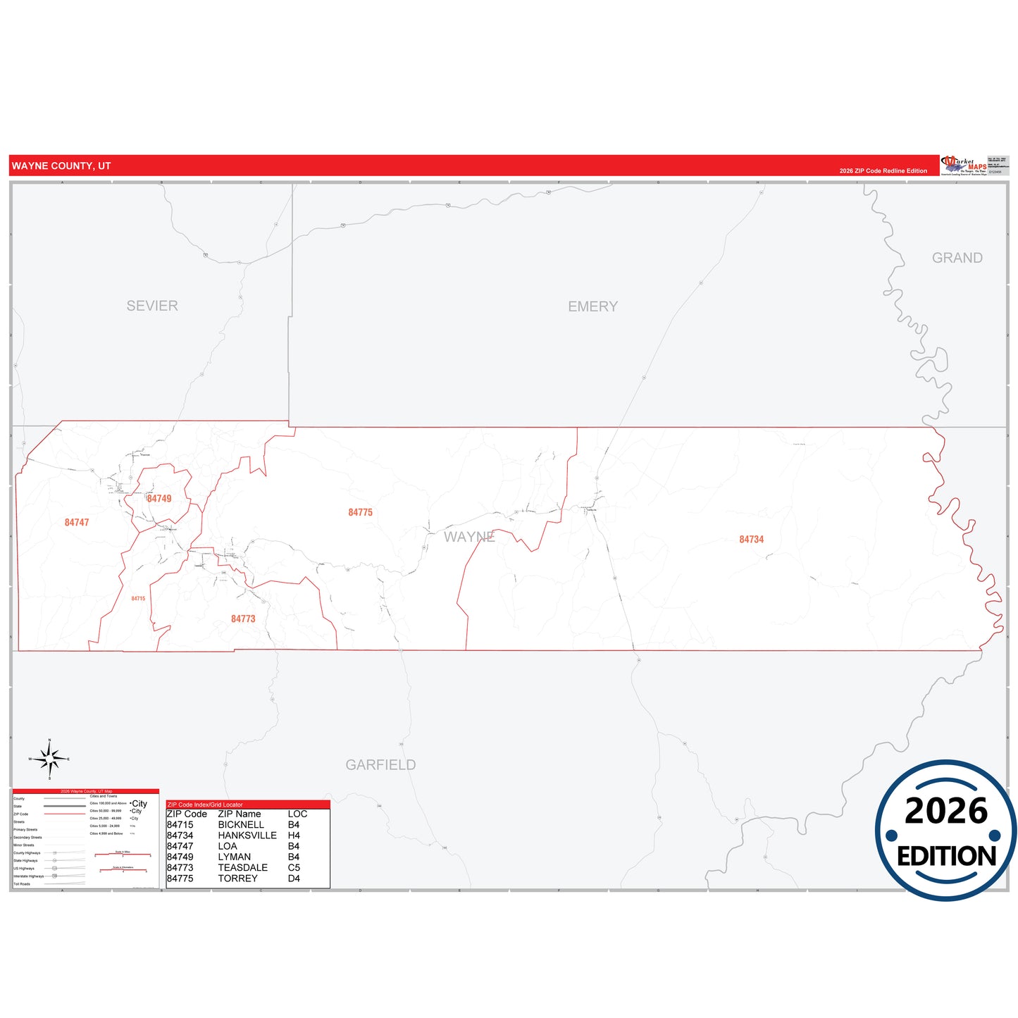 Wayne County, UT Red Line 5 Digit ZIP Code Wall Map