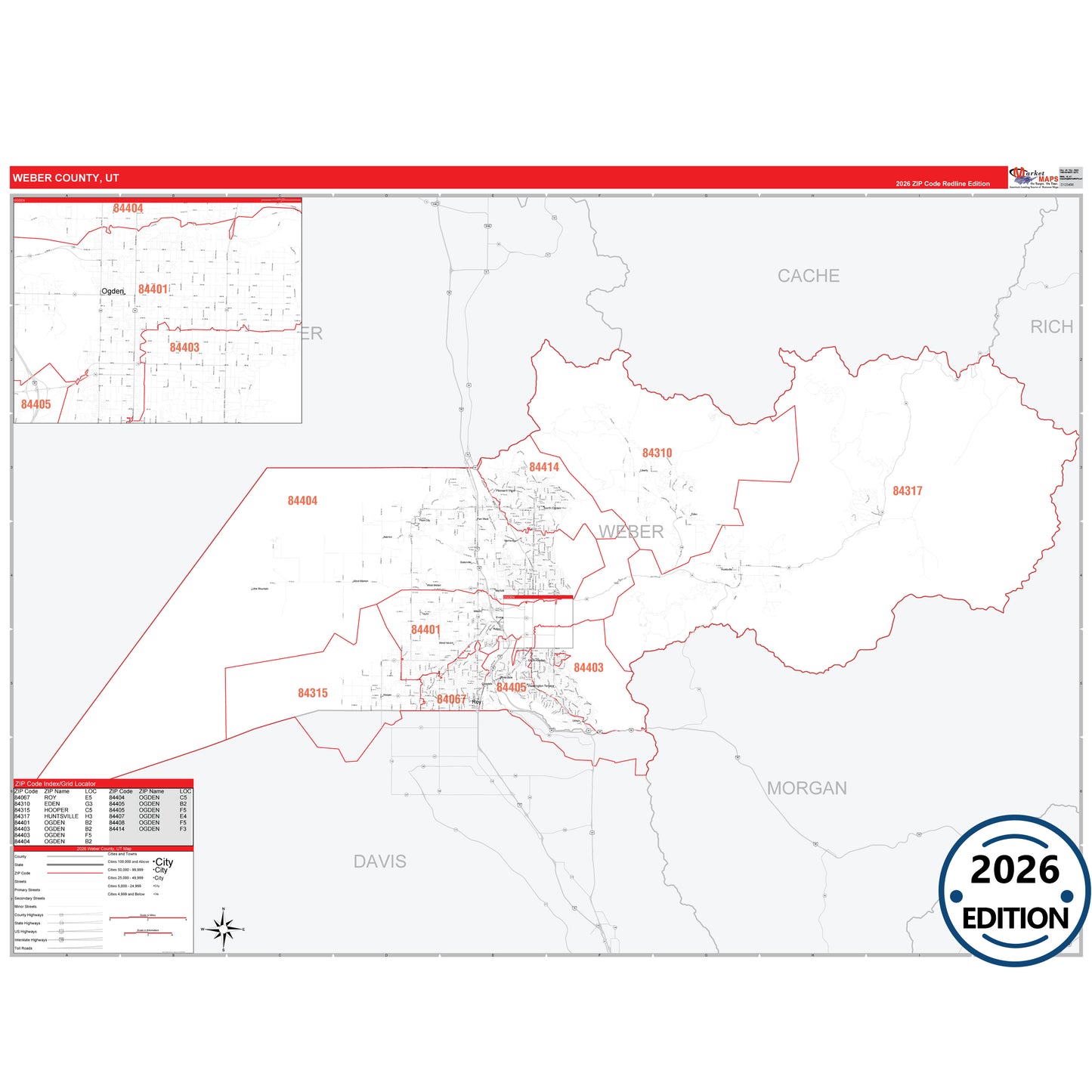 Weber County, UT Red Line 5 Digit ZIP Code Wall Map