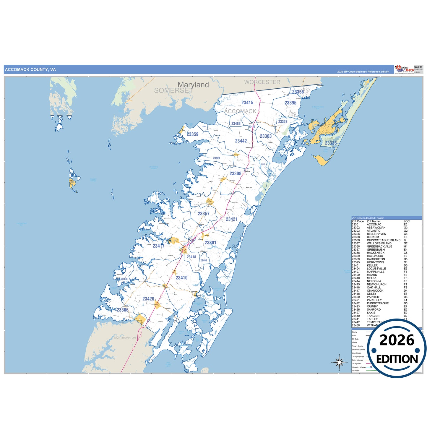 Accomack County, VA Business Reference 5 Digit ZIP Code Wall Map