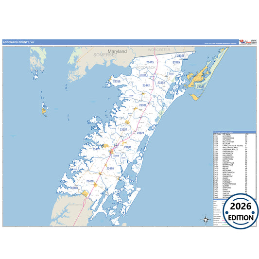 Accomack County, VA Business Reference 5 Digit ZIP Code Wall Map