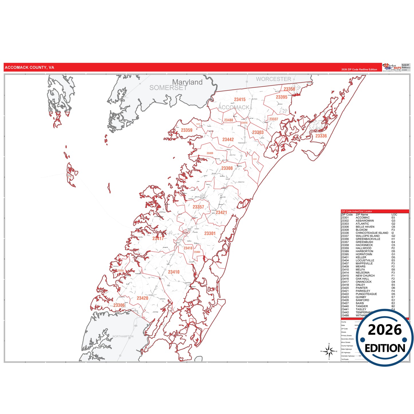 Accomack County, VA Red Line 5 Digit ZIP Code Wall Map