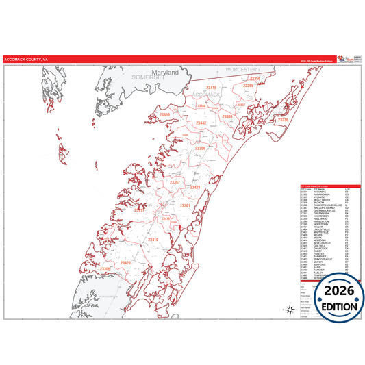 Accomack County, VA Red Line 5 Digit ZIP Code Wall Map