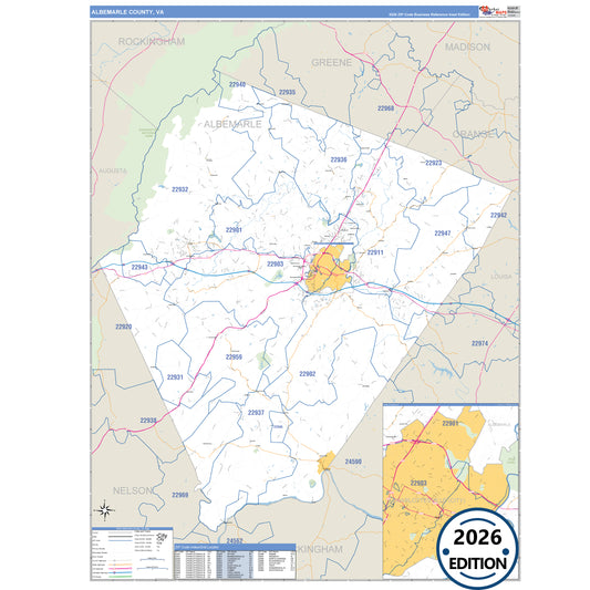 Albemarle County, VA Business Reference 5 Digit ZIP Code Wall Map