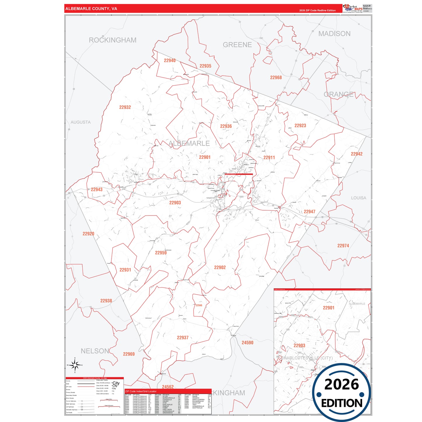 Albemarle County, VA Red Line 5 Digit ZIP Code Wall Map