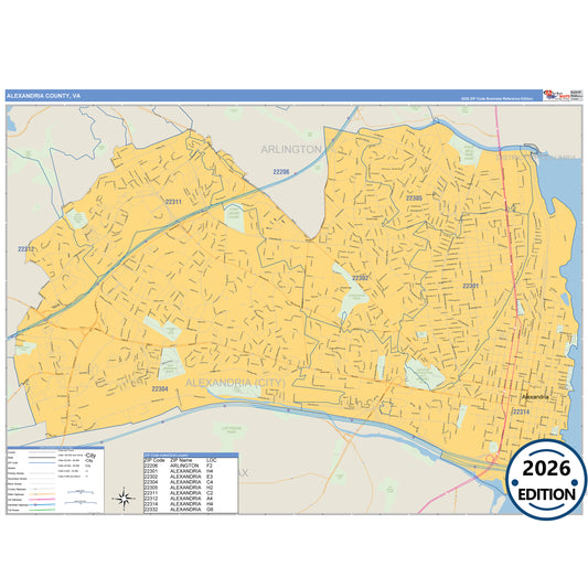 Alexandria County, VA Business Reference 5 Digit ZIP Code Wall Map
