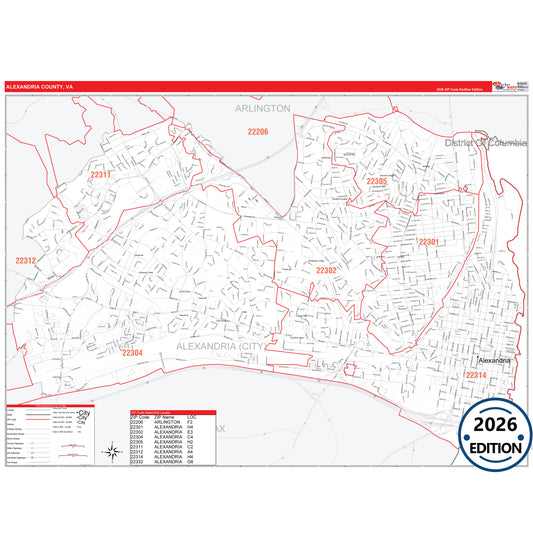 Alexandria County, VA Red Line 5 Digit ZIP Code Wall Map