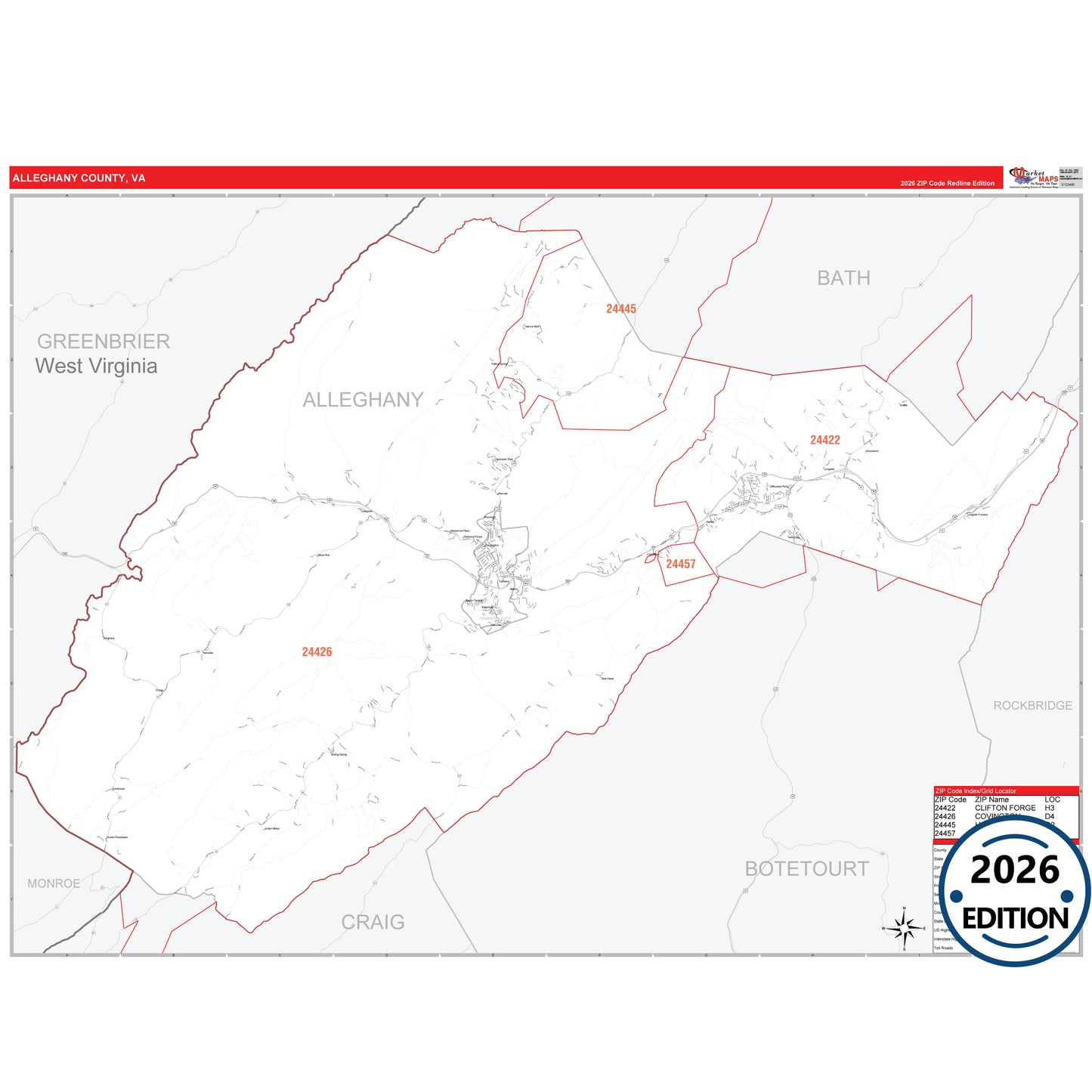 Alleghany County, VA Red Line 5 Digit ZIP Code Wall Map