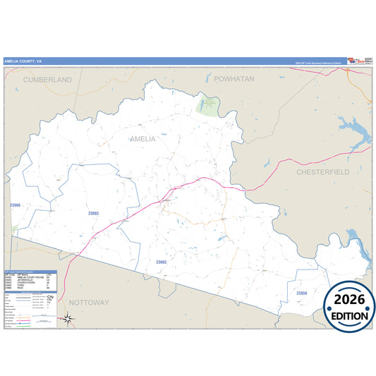 Amelia County, VA Business Reference 5 Digit ZIP Code Wall Map
