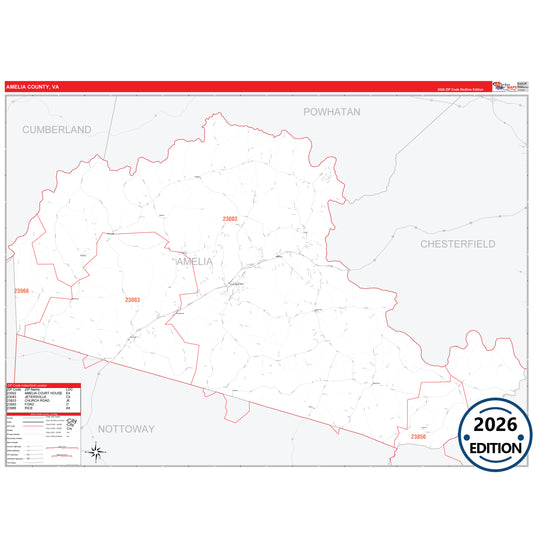 Amelia County, VA Red Line 5 Digit ZIP Code Wall Map