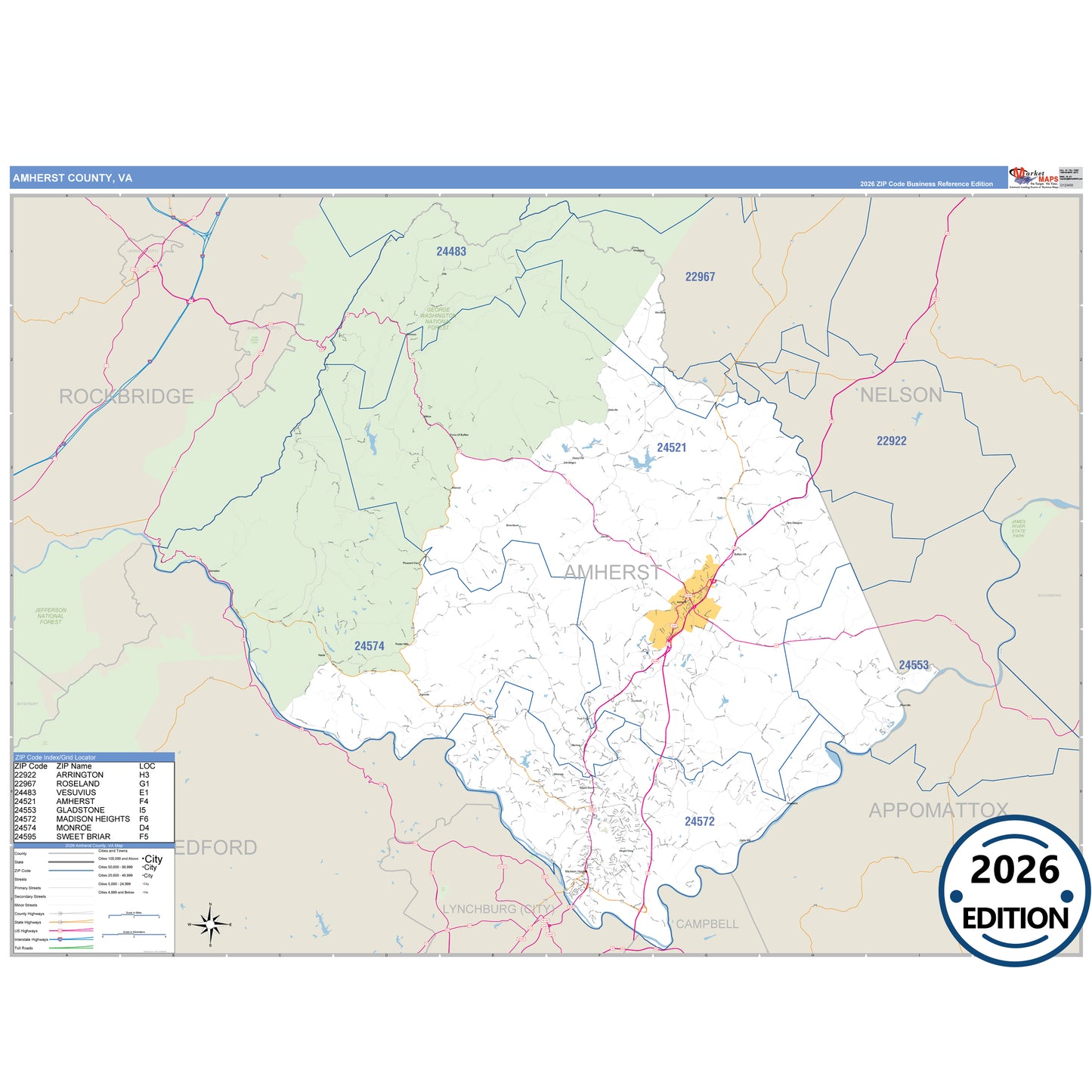 Amherst County, VA Business Reference 5 Digit ZIP Code Wall Map