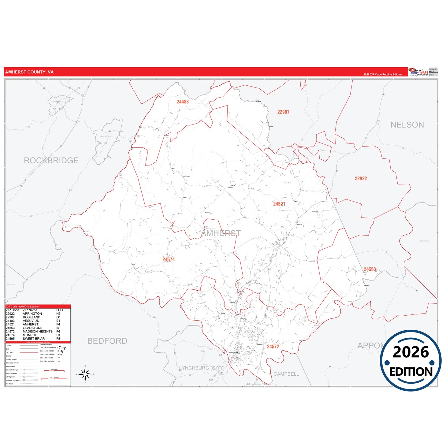 Amherst County, VA Red Line 5 Digit ZIP Code Wall Map