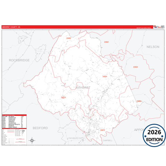 Amherst County, VA Red Line 5 Digit ZIP Code Wall Map