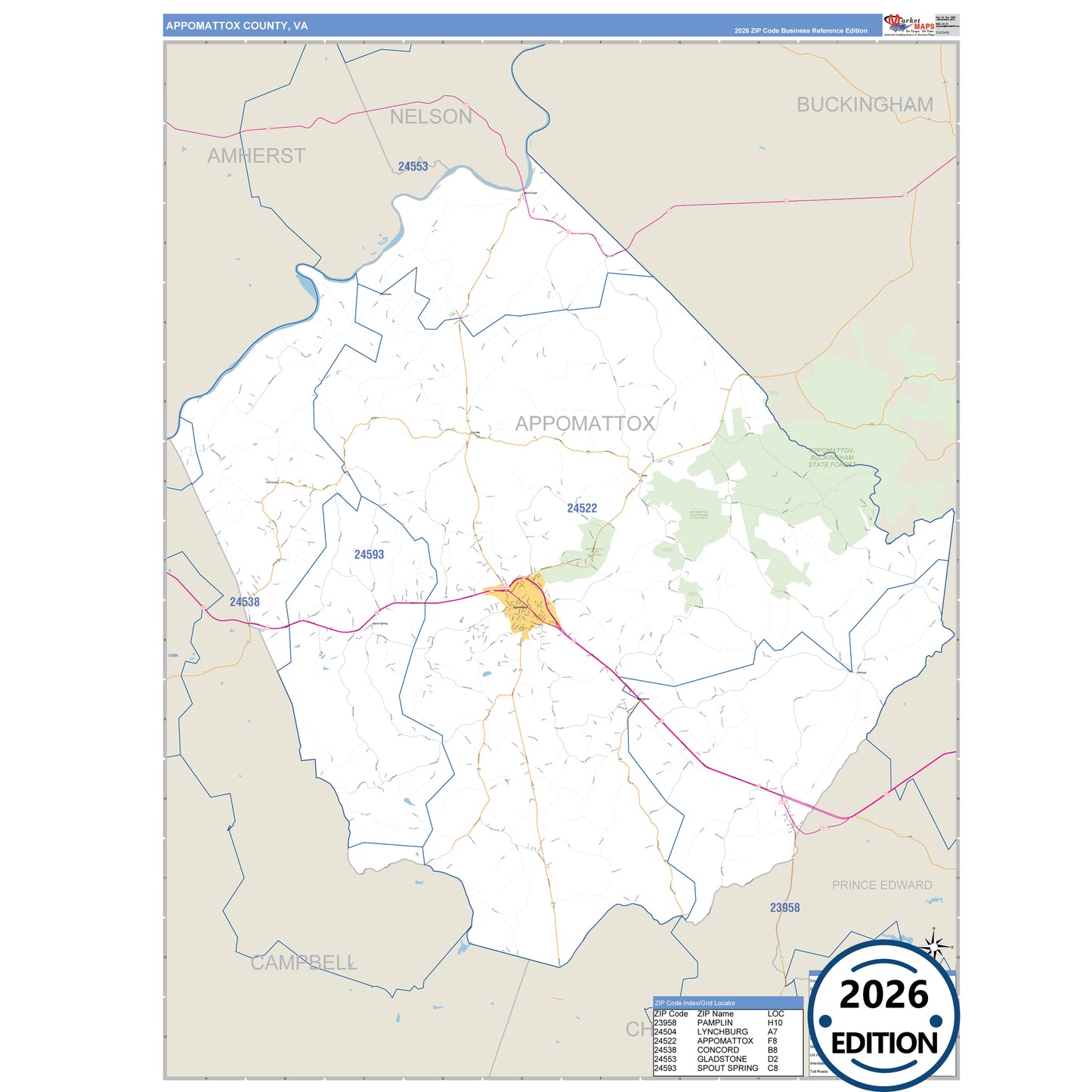 Appomattox County, VA Business Reference 5 Digit ZIP Code Wall Map