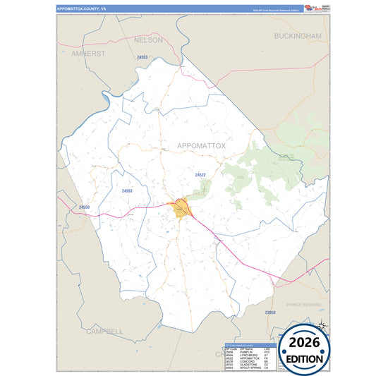 Appomattox County, VA Business Reference 5 Digit ZIP Code Wall Map