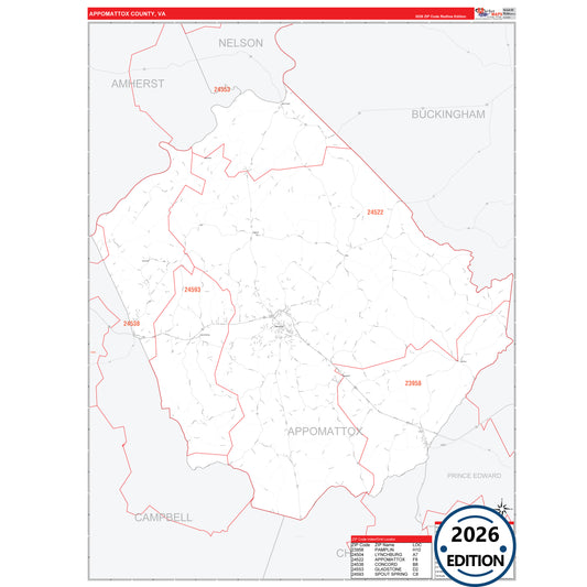 Appomattox County, VA Red Line 5 Digit ZIP Code Wall Map