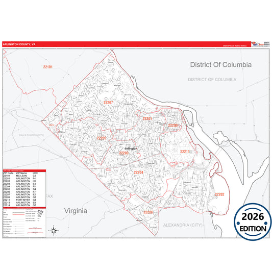 Arlington County, VA Red Line 5 Digit ZIP Code Wall Map