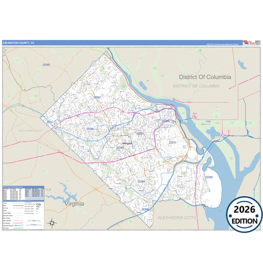 Arlington County, VA Business Reference 5 Digit ZIP Code Wall Map