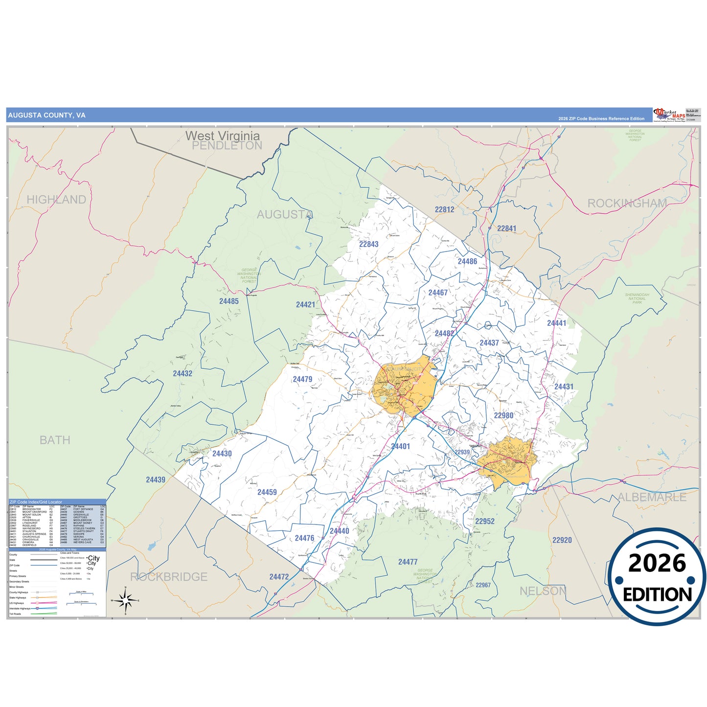 Augusta County, VA Business Reference 5 Digit ZIP Code Wall Map