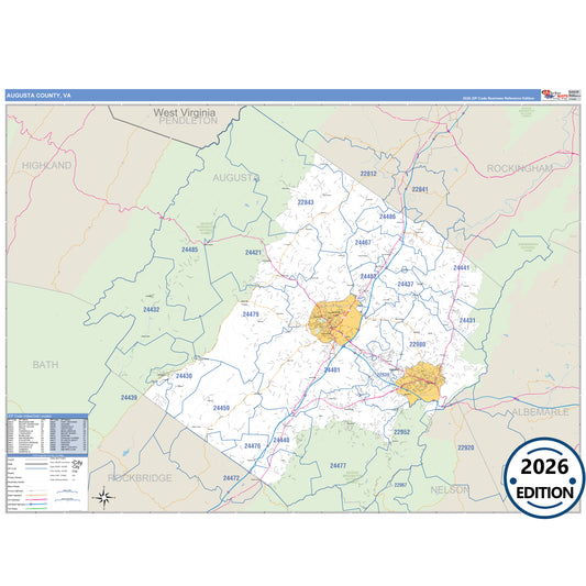 Augusta County, VA Business Reference 5 Digit ZIP Code Wall Map